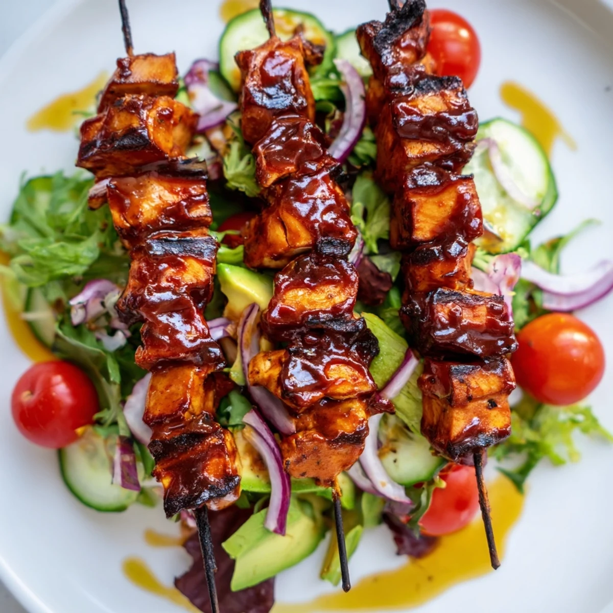 Juicy grilled BBQ chicken skewers top a vibrant garden salad with creamy avocado and zesty vinaigrette.