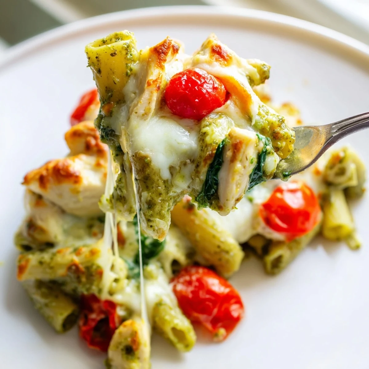 Golden bubbling pesto chicken pasta bake topped with melted mozzarella and fresh basil