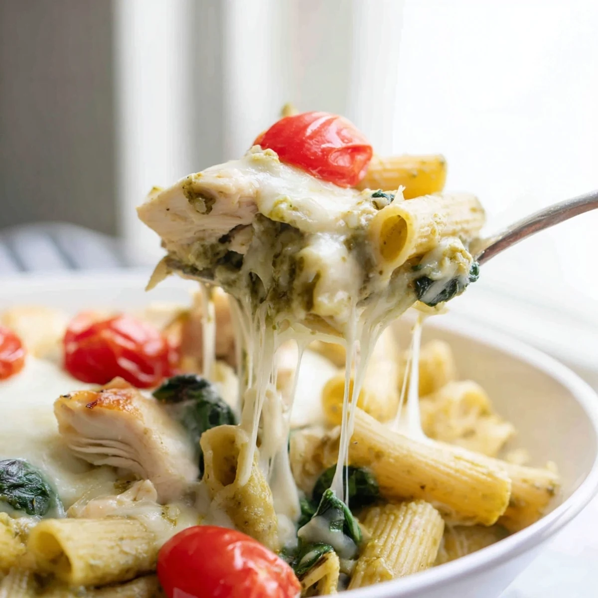 Steaming hot pesto chicken pasta bake scooped onto a plate with cherry tomatoes and Parmesan