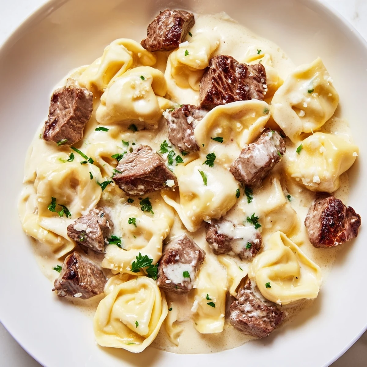 Hearty plate of garlic steak tortellini glistening with rich buttery cream sauce