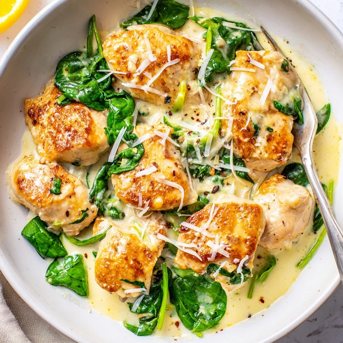 Creamy lemon Parmesan spinach chicken in a golden skillet with vibrant wilted greens