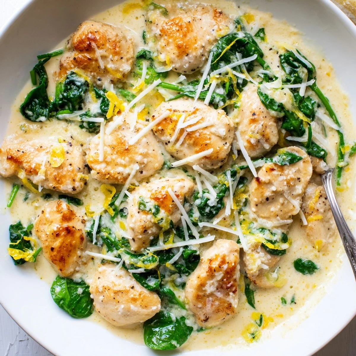 Juicy seared lemon Parmesan spinach chicken draped in a tangy cream sauce