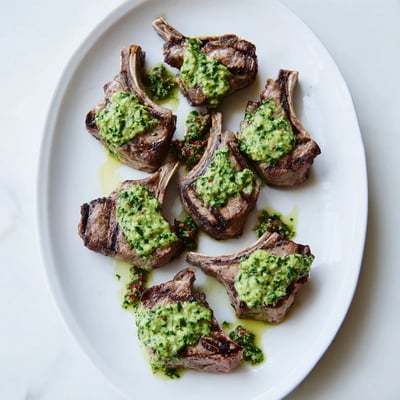 Golden-seared BBQ Lamb with Avocado Chimichurri Dressing chops sit beside a vibrant, chunky avocado chimichurri for dipping.