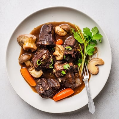 Tender Asian Style Slow Cooked Beef Cheeks With Mushrooms braised in a rich, umami-filled gravy with carrots.