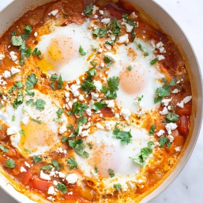 Close-up of Quick Shakshuka Eggs, featuring runny yolks in a rich, peppery tomato and bell pepper stew, garnished with herbs.