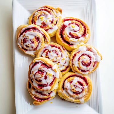 A close-up view of a Raspberry Cinnamon Rolls With Lemon Glaze being drizzled with creamy lemon icing, ready for a cozy brunch.
