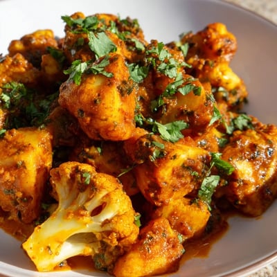 A close-up of Indian Butter Spiced Potatoes and Cauliflower simmering in a rich spiced tomato gravy, served with a side of fluffy basmati rice.