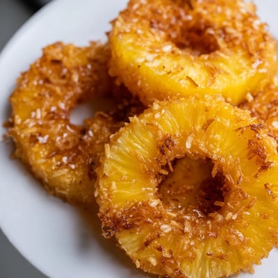 A close-up of Fried Pineapple shows golden-brown edges from the skillet, glistening with maple syrup and a sprinkle of cinnamon for a warm aroma.