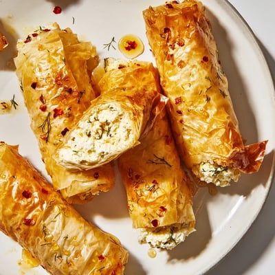 Close-up of Oven Fried Feta Rolls with Spicy Chili Honey, golden phyllo, fresh herbs, sweet heat drizzle.  