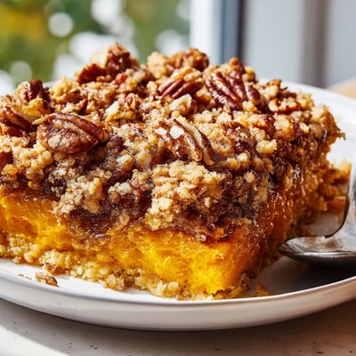 Creamy pumpkin dump cake slice topped with whipped cream and toasted pecan pieces