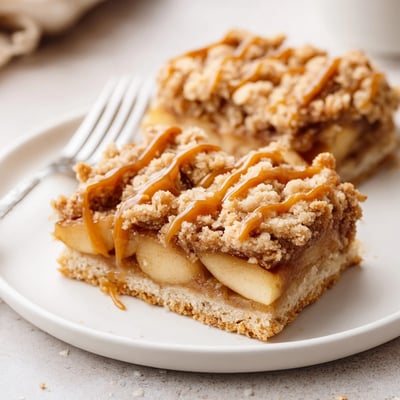 Warm caramel apple crumb bars sliced into neat squares topped with melting caramel drizzle