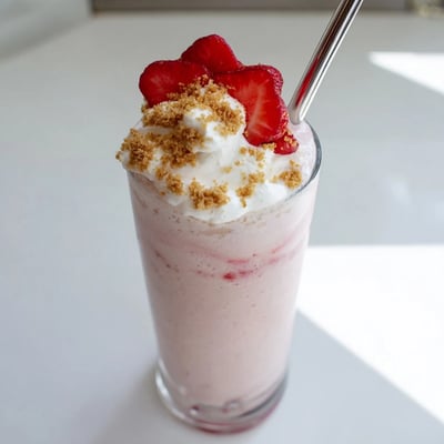 Thick pink strawberry cheesecake milkshake garnished with fresh sliced strawberries in a tall glass