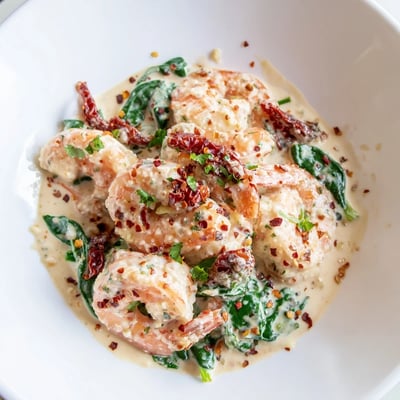 A steaming skillet of keto creamy Tuscan shrimp drizzled with garlic butter sauce, garnished with fresh parsley and red pepper flakes.