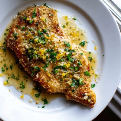 Tender pan-seared chicken breast plated with bright lemon garlic butter sauce and parsley