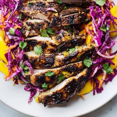 Smoky grilled jerk chicken thighs resting beside crisp sweet mango cabbage slaw