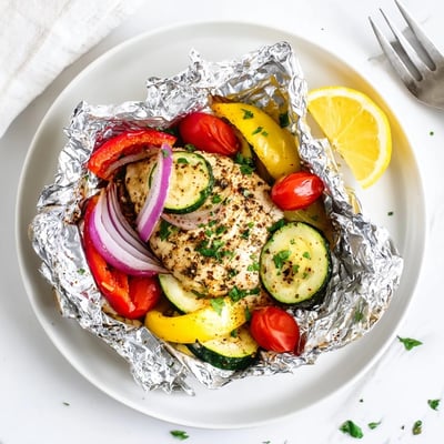 Golden chicken foil packets recipe served open on a plate with a lemon wedge