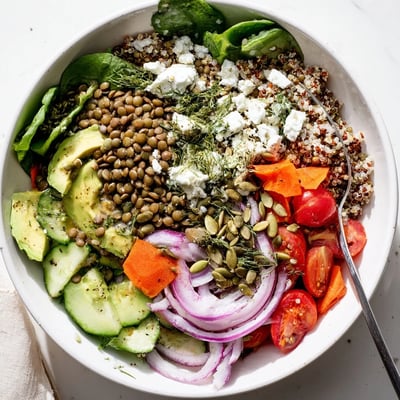 Hearty lentil grain bowl with quinoa, avocado slices, and toasted pumpkin seeds