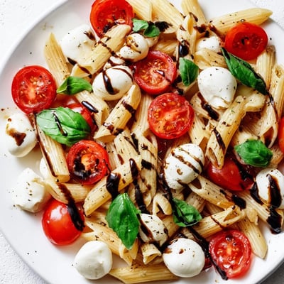 Caprese Pasta Salad drizzled with balsamic glaze in a rustic serving bowl