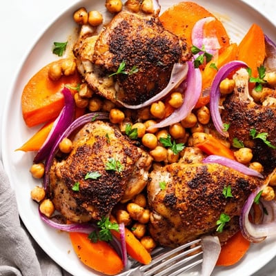 Tender sumac chicken roasted over spiced carrots and chickpeas on a sheet pan