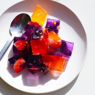 Sparkling jewel-toned collagen fruit jellies arranged on a white plate for a healthy snack