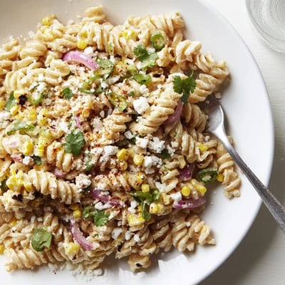 Vibrant elote street corn pasta salad with charred roasted corn and tangy lime dressing