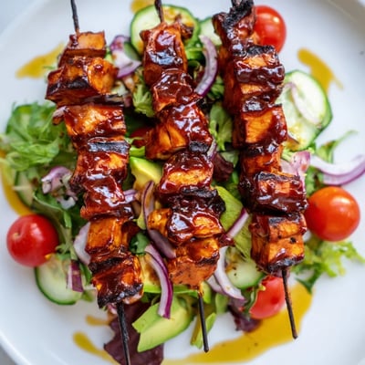 Juicy grilled BBQ chicken skewers top a vibrant garden salad with creamy avocado and zesty vinaigrette.