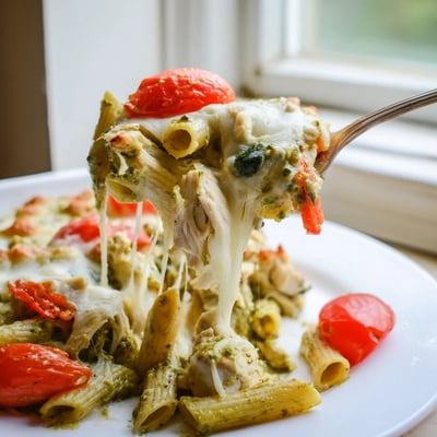 Creamy pesto chicken pasta bake with tender chicken and gooey cheese in a cast iron dish